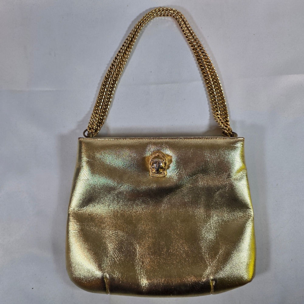 VTG 60s Ruth Saltz Gold Leather Purse Lion Head Chain Strap Handbag *RARE Color*